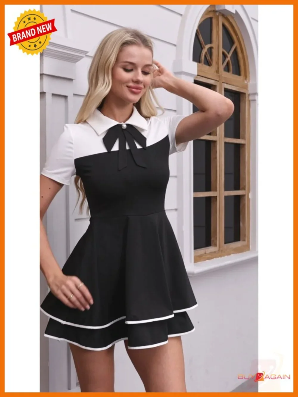 Pearl Tie Ruffle Layered Flowy Preppy Mini Dress Button Front